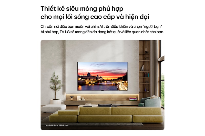 LG OLED evo AI C6 is wall-mounted in a styled living space, featuring an ultra-slim design with narrow bezels, and it displays a riverside cityscape at sunset on screen. 